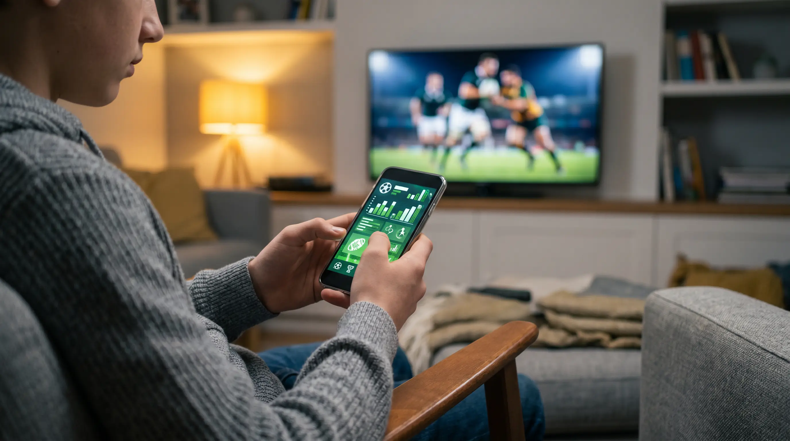 Young person placing a rugby bet on a mobile phone while watching a match on television