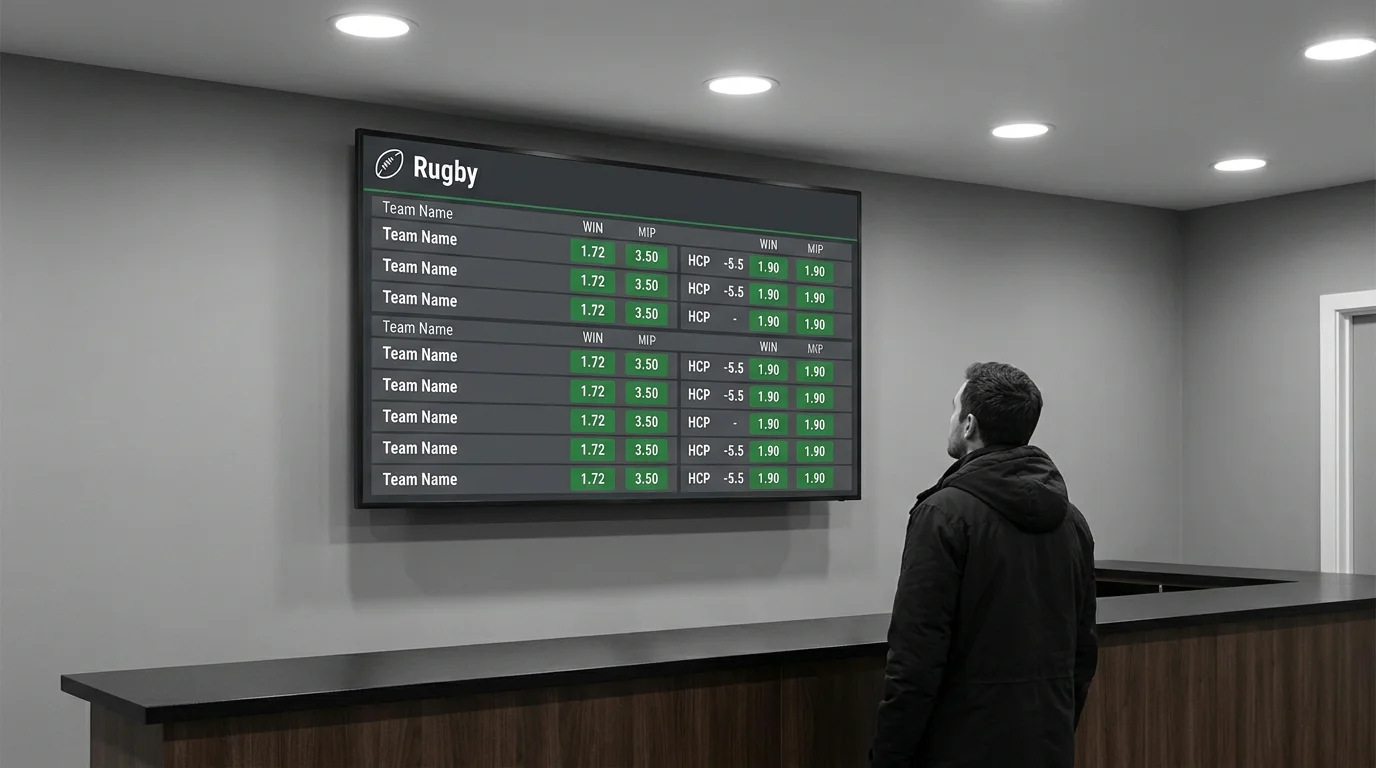 Bookmaker screen displaying rugby match odds for handicap and totals markets